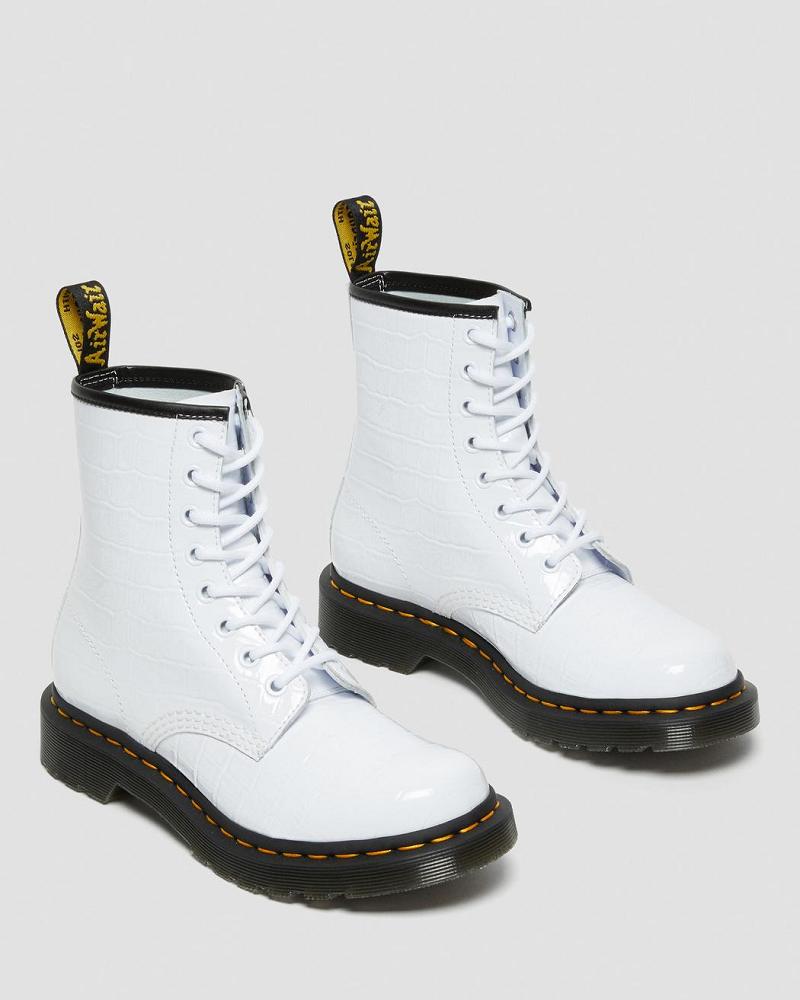 White Women's Dr Martens 1460 Patent Croc Emboss Leather Ankle Boots | CA 19ZUT